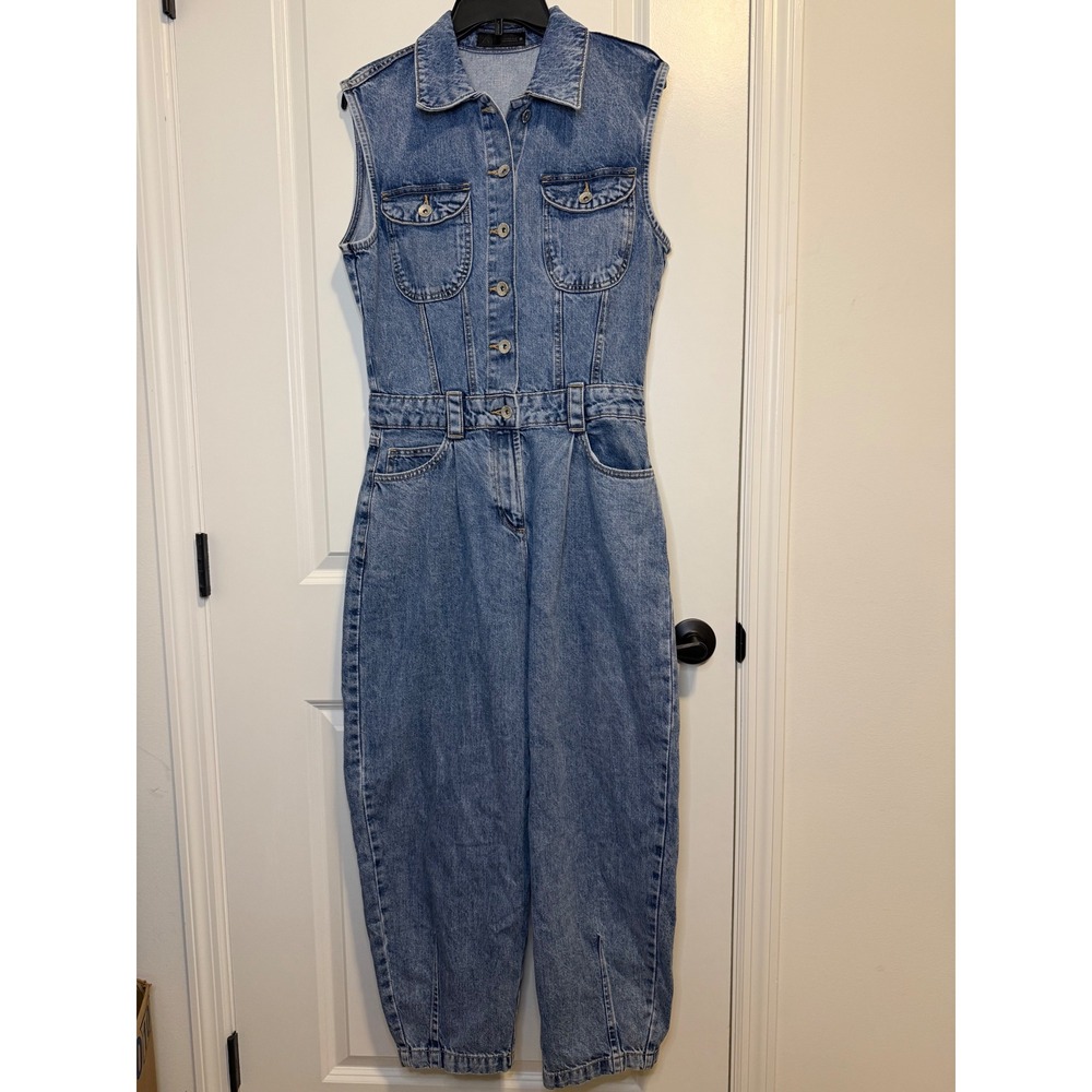 Zara Denim Barrel Leg Jumpsuit Women M Blue Excellent Sleeveless Western Retro